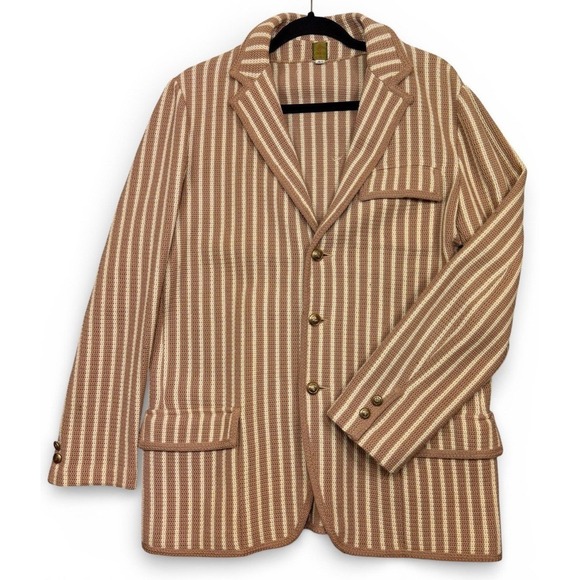 Vintage 60s Loose Knit Blazer Jacket Mens 40 M Tan Cream Striped Gold Buttons